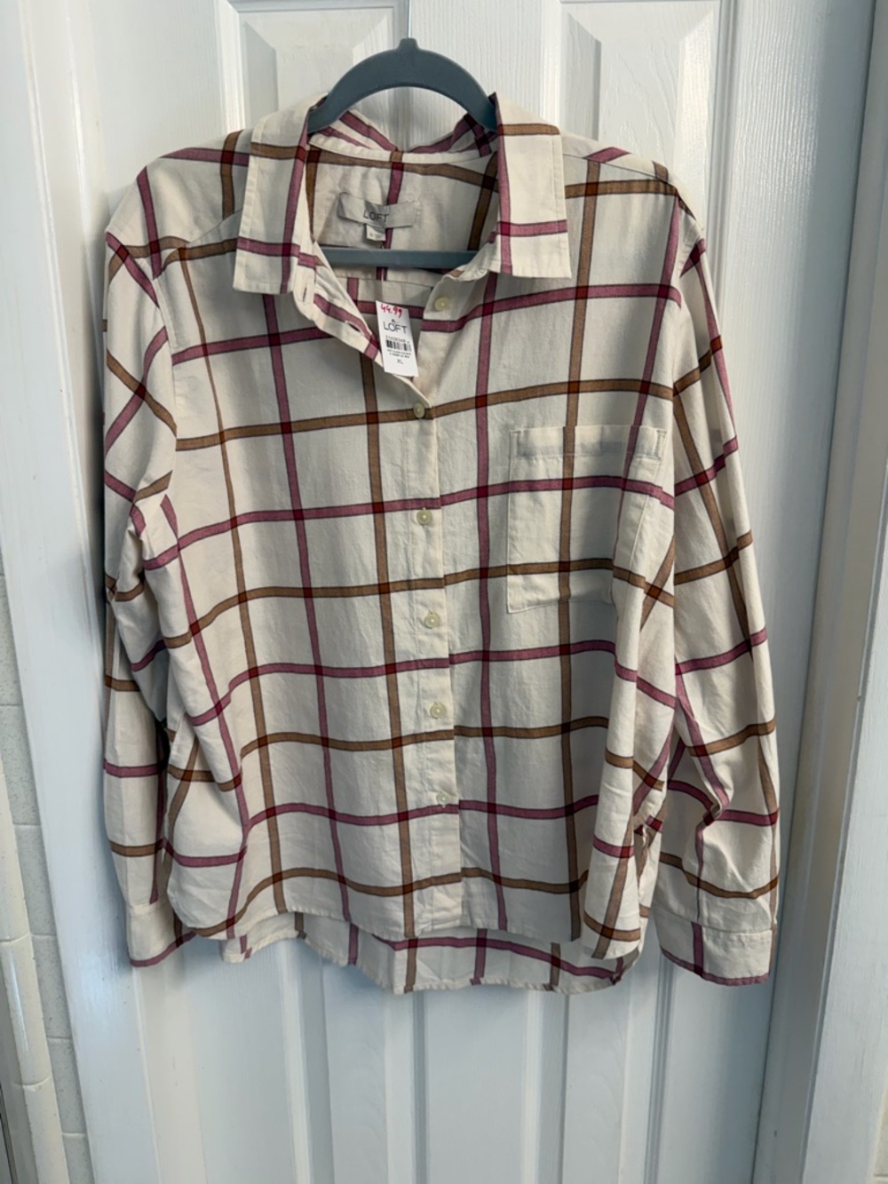 LOFT Cream Plaid Button-Down Shirt with Brown and Burgundy Checks